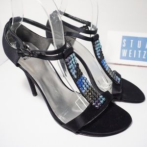 Never Worn Stuart Weitzman High Heeled Sandals Black Satin with Crystals 9.5